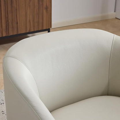 AEDI Genuine Leather Swivel Accent Chair with Solid Wood Base, Upholstered Barrel Armchair for Living Room, Modern Small Club Chair,Light Gray