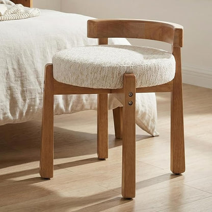 HNY Modern Chenille Vanity Chairs & Ottoman: Upholstered Round Seat with Solid Wood Legs, for Makeup Dressing, Living Room Footrest or Piano Bench, Beige