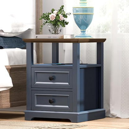 18" Wide End Table with Fast Charging Station Set of 2, 18” Wide Sofa Side Table with Drawers,End Table with Drawers for Living Room,Blue