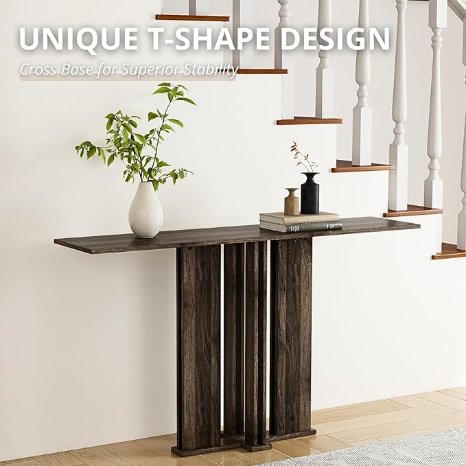 HEAH-YO 51" Console Table, Rustic Wood Entryway Table, T-Shape Narrow Sofa Tables Behind Couch for Hallway, Entrance, Foyer, Living Room, Rustic Walnut