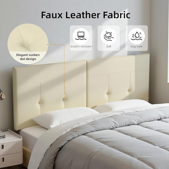 Queen Headboard Only with Adjustable Metal Legs, Faux Leather Upholstered Headboard Queen Size, Modern Stylish Headboard with Sunken Dot Design, Sturdy Bed Headboard for Bedroom, Beige