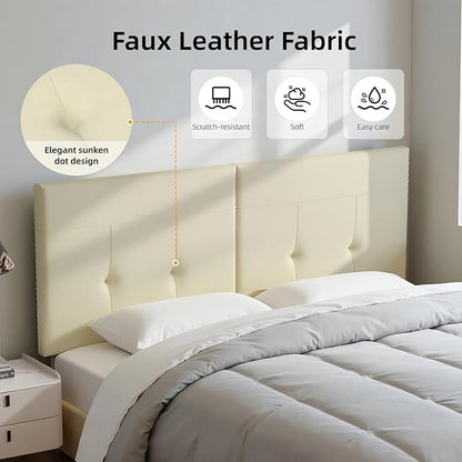 Queen Headboard Only with Adjustable Metal Legs, Faux Leather Upholstered Headboard Queen Size, Modern Stylish Headboard with Sunken Dot Design, Sturdy Bed Headboard for Bedroom, Beige