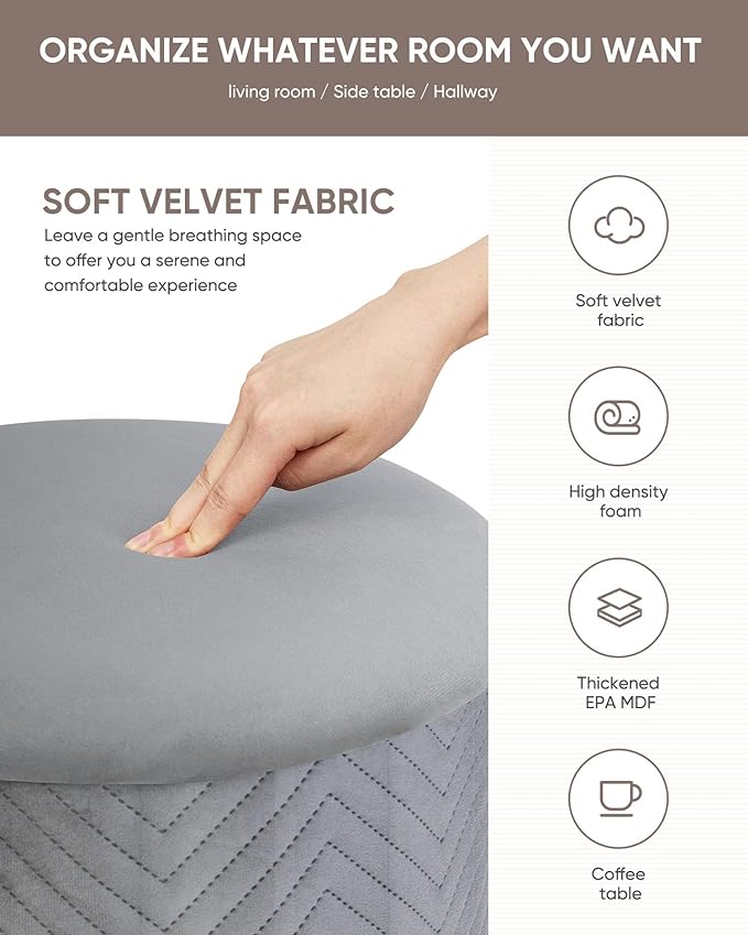 B FSOBEIIALEO Ottoman with Stroage, Round Velvet Storage Ottoman with Gold Plating Base,Foot Rest Stool for Dorm Room, Living Room Grey, 16.73"x16.73"x17.72"