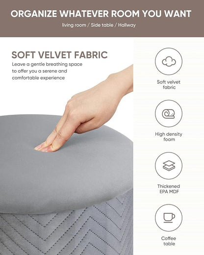 B FSOBEIIALEO Ottoman with Stroage, Round Velvet Storage Ottoman with Gold Plating Base,Foot Rest Stool for Dorm Room, Living Room Grey, 16.73"x16.73"x17.72"