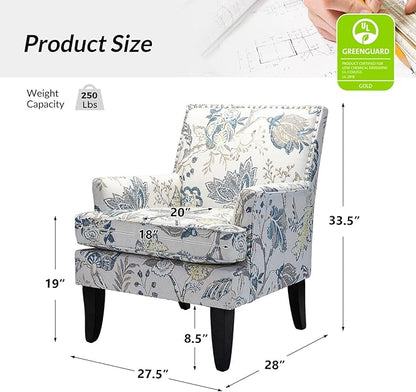 HULALA HOME Modern Accent Chair with Arms and Wooden Legs, Mid Century Accent Chair Armchair High Back Rest, Padded Armrest and Comfortable Cushioned Seat for Living Room (Blue Yellow Floral)