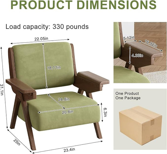 Mid Century Modern Accent Chair Set of 2, Fabric Upholstered Lounge Arm Chairs with Solid Wood Frame for Living Room, Bedroom, Office, Reading Corner (Green)