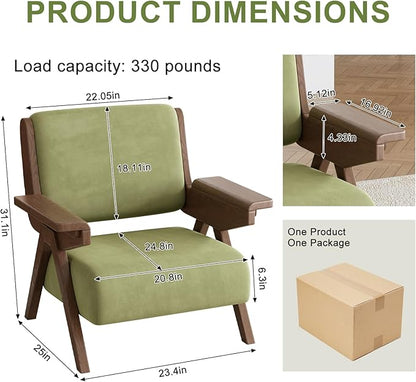 Mid Century Modern Accent Chair, Fabric Upholstered Lounge Arm Chair with Solid Wood Frame for Living Room, Bedroom, Office, Reading Corner (Green)