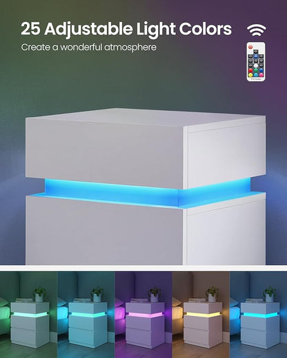 VASAGLE Nightstand with LED Lights, Adjustable Light Colors, Bedside Table, Side Table with 3 Drawers, Modern Style, 13.8 x 15.7 x 21.7 Inches, Cloud White LET630T12