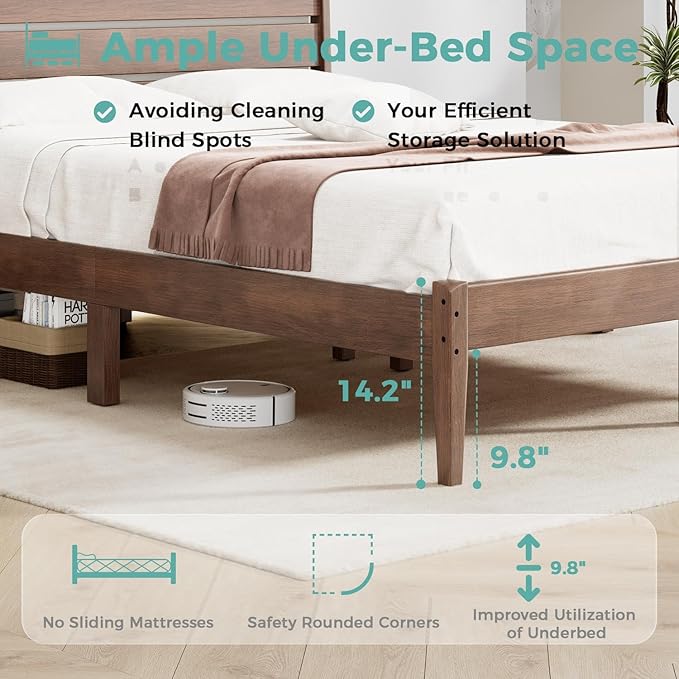 Full Bed Frame, Mid Century Platform Bed Frame with Ladder Headboard, Malaysian Oak Bedframe with Solid Wood Foundation, Noise-Free, Easy Installation, Full Size, Antique Espresso