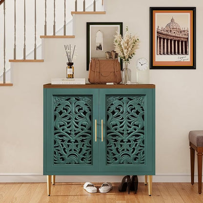 ARTPOWER Accent Cabinet with 2 Doors, Vintage Hollow Carving Buffet Cabinet, Sideboards and Buffets with Storage, Credenza for Living Room, Kitchen, Dining Room, Entryway, Hallway, Green
