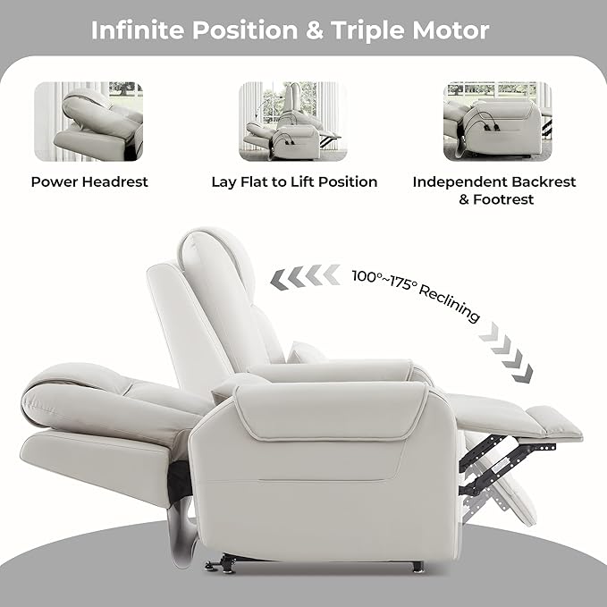 CHITA Electric Power Lift Recliner Chair for Elderly with Massage and Heat, Large Lay Flat Genuine Leather Recliner Chair with Cup Holders, USB Ports, Power Headrest, Independent Backrest, Light Gray