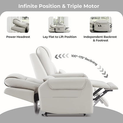 CHITA Electric Power Lift Recliner Chair for Elderly with Massage and Heat, Large Lay Flat Genuine Leather Recliner Chair with Cup Holders, USB Ports, Power Headrest, Independent Backrest, Light Gray