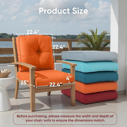 Outdoor Chair Cushion Set of 2, Water-repellent Outdoor Seat Cushions 25x22 , Patio Chair Cushions for Outdoor Furniture, Couch Cushion Replacement, Include 2 Back & 2 Seat Cushions, Button/Orange