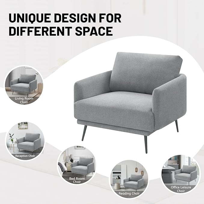 Oversized Accent Chair for Living Room Chairs Reading Arm Chair Comfy Modern Single Sofa Side Chairs with Metal Legs & Soft Cushion for Bedroom, Waiting Room (Polyster Light Grey, Set of 1)