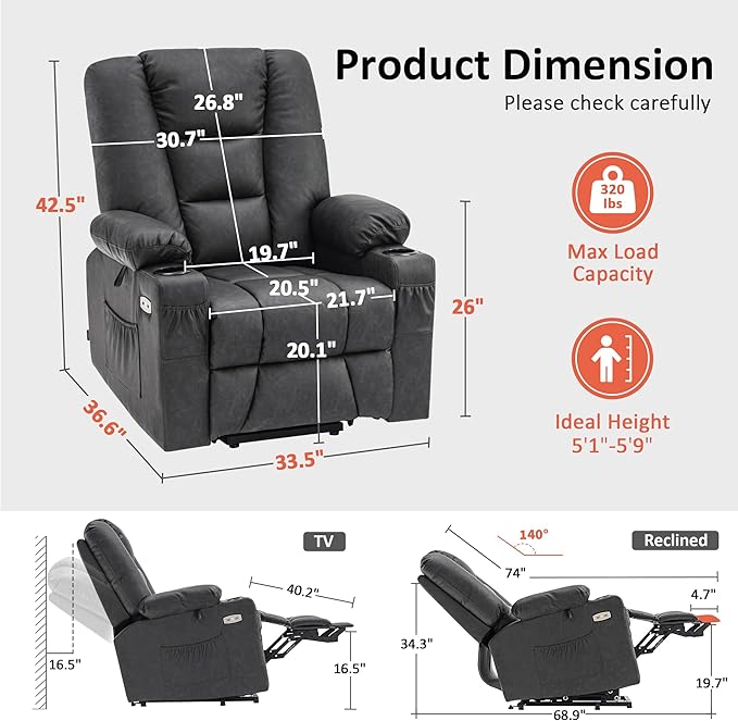 MCombo Power Lift Recliner Chair for Elderly, Lift Chair with Heat and Massage, USB Ports, Cup Holders, Faux Leather 7519 (Medium, Dark Grey)