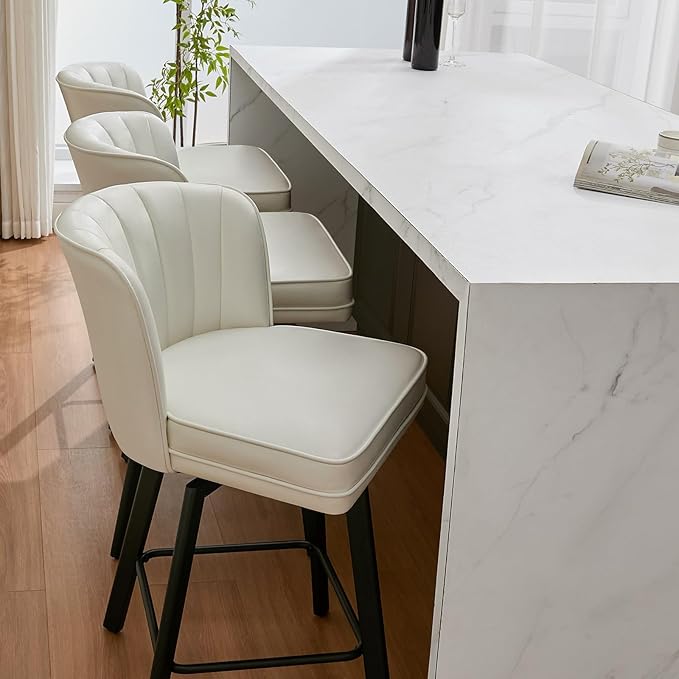 Swivel Counter Height Bar Stools Set of 3, 26'' Modern Barstools with Backs and Metal Legs, Upholstered Bar Chairs, Faux Leather White Stools for Kitchen Island Chairs