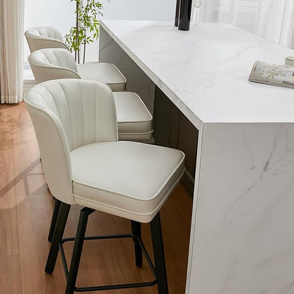 Swivel Counter Height Bar Stools Set of 3, 26'' Modern Barstools with Backs and Metal Legs, Upholstered Bar Chairs, Faux Leather White Stools for Kitchen Island Chairs