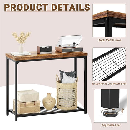 32" Small Console Table, 2-Tier Narrow Entryway Table, Sofa Table with Mesh Shelves, Console Tables for Living Room, Hallway, Entryway, Farmhouse Console Table with Storage, Rustic Brown