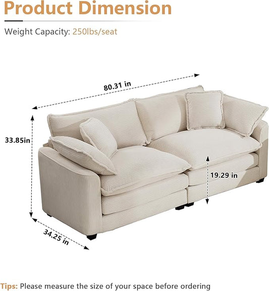 mikibama Luxury 2 Piece Sofa Set, 2 Pieces of Loveseat Couch, Modern Corduroy Comfy Cloud Couches Set for Living Room Office with 4 Armrest Pillows and 4 Toss Pillows, Beige