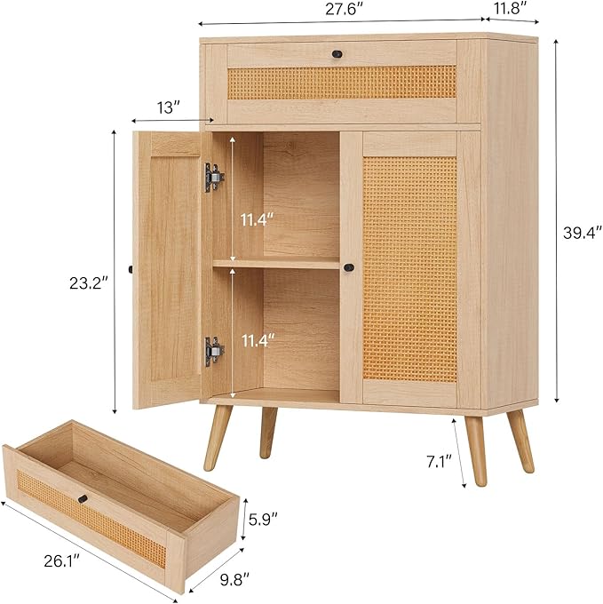 Rattan Storage Cabinet, 2-Door Oak Sideboard with Drawers, Buffet Sideboards with Storage, Elegant Boho Design for Dining Room or Living Room, 1 Drawer for Extra Organization