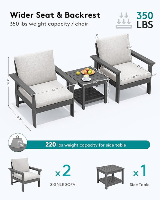 SERWALL HDPE Patio Sofa Set, 3-Piece Sectional Outdoor Furniture Set, All Weather Outdoor Couch Set Patio Furniture Set for Deck, Lawn, Grey Frame with Khaki Cushion
