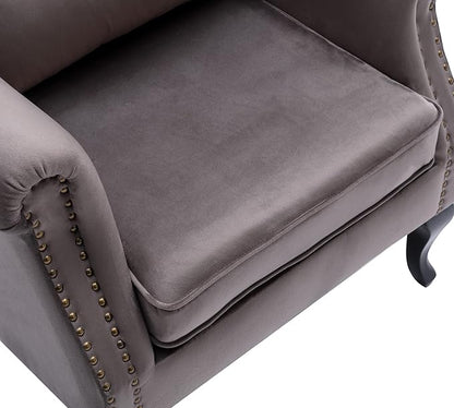 Mid Century Modern Accent Chair Upholstered Armchair Comfy Velvet Fabric Single Sofa with Tufted Wingback for Small Spaces Bedroom Living Room, Grey
