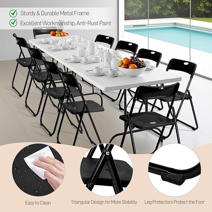 Karl home 10 Pcs Folding Chair, 300LBS Lightweight Foldable Plastic Chair, Reinforced Metal Frame Easy to Fold & Store for Indoor & Outdoor, Wedding, Party, Meeting Room, Patio and Garden, Black