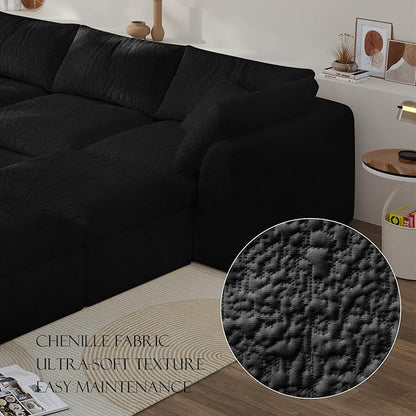 Boneless Cloud Couch Modular Sectional Sofa with Deep Seat for Living Room, L Shape Couch with Ottoman, Snowflake Cloth and 40D Memory Sponge，2 Throw Pillows (Black, 6 Seater+2 Ottoman)