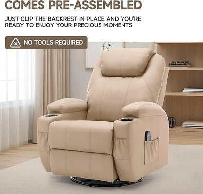 Recliner Chair, Rocking Chair with Massage and Heat, 360° Swivel Recliner Chairs for Adults, Rocker Manual Recliner with Remote Control and Cup Holder for Living Room, Bedroom, Nursery