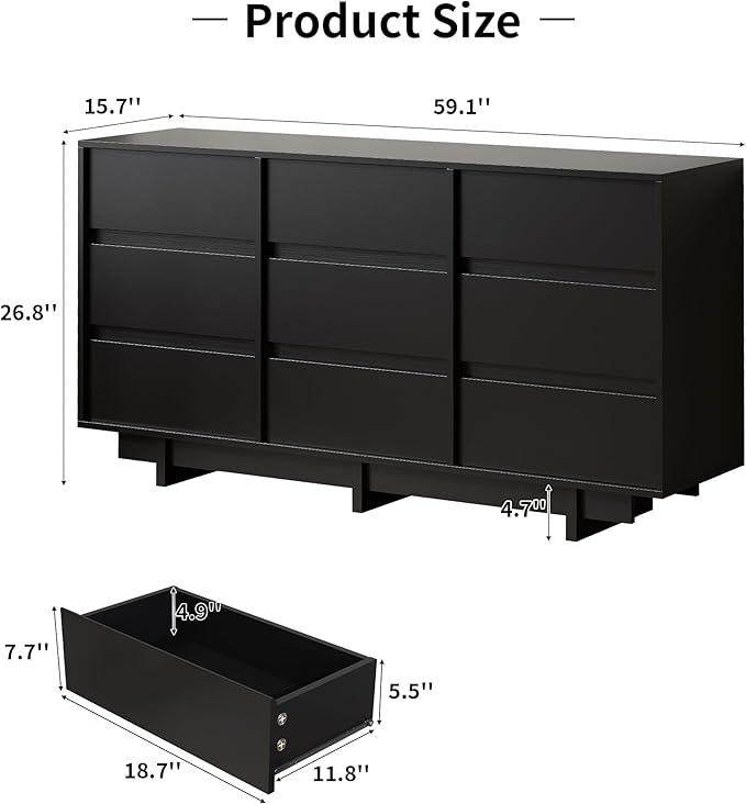 Black Dresser for Bedroom, 59" Wide 9 Drawer Dresser, Mid Century Modern Dressers Chest of Drawers, Wooden Large Dressers for Bedroom, Closet