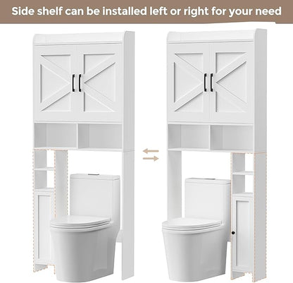 Homhedy Over The Toilet Storage Cabinet with 2 Barn Door and Toilet Paper Holder Stand, FreeStanding Toilet Shelf Space Saver, for Bathroom, Restroom, Laundry, White