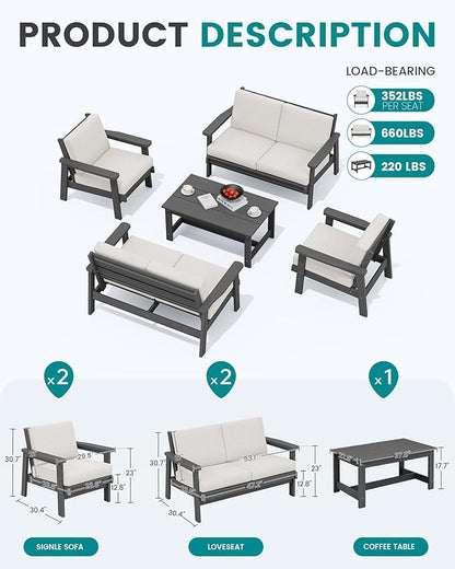 SERWALL HDPE Patio Furniture Set, 5 Piece All Weather Wood-Like Sectional Outdoor Furniture Set, Grey Patio Sofa Couch with Khaki Cushions for Deck, Lawn
