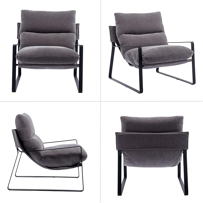 HEAH-YO Modern Accent Chair Set of 1, Linen Fabric Living Room Chair with Removable Cushion and Solid Metal Frame, Comfy Reading Chair for Bedroom, Grey