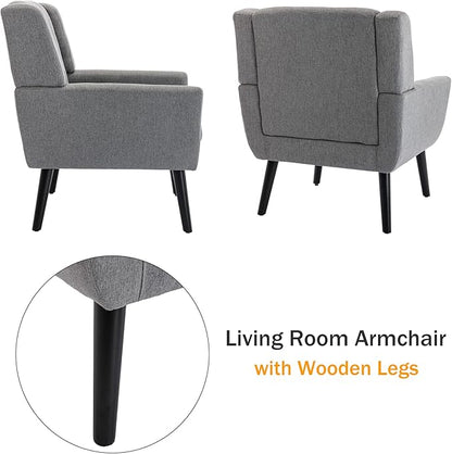 Dolonm Midcentury Modern Accent Chair with Arms, Upholstered Fabric Reading Side Chair Tufted Back Decorative Wingback Chair for Living Room Bedroom (Light Grey)