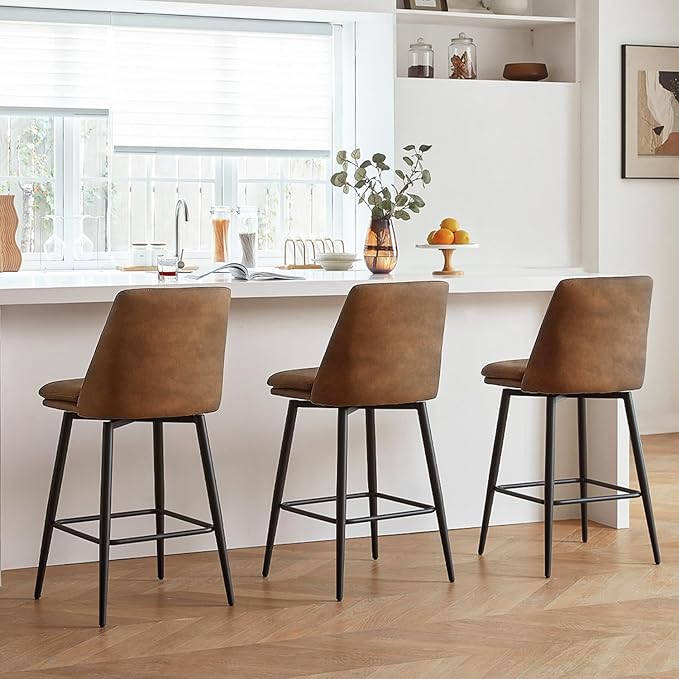 Coffee Counter Height Bar Stools Set of 3, 26 Inch Seat Height with Back and Metal Legs, 360° Swivel Upholstered Faux Leather Swivel Bar Stools
