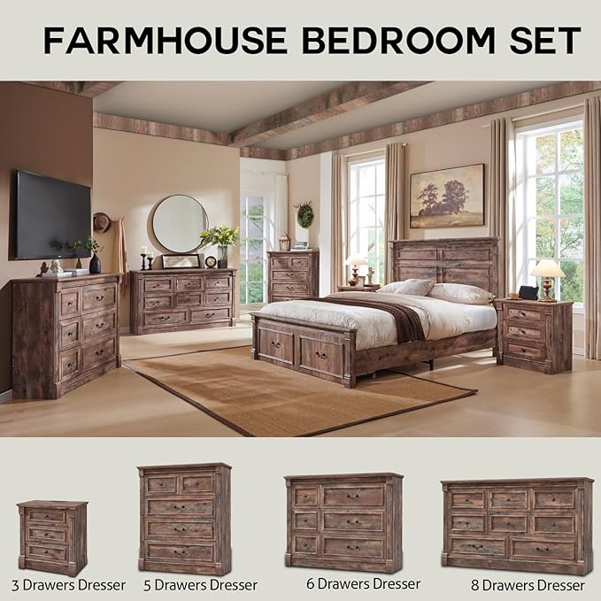 26" Tall Nightstand with Charging Station, Farmhouse 23.6" Wide Large End Table w/Roman Column, Wood Rustic Side Table w/Metal Handle, 3 Drawers Dresser for Bedroom, Living Room, Light Brown