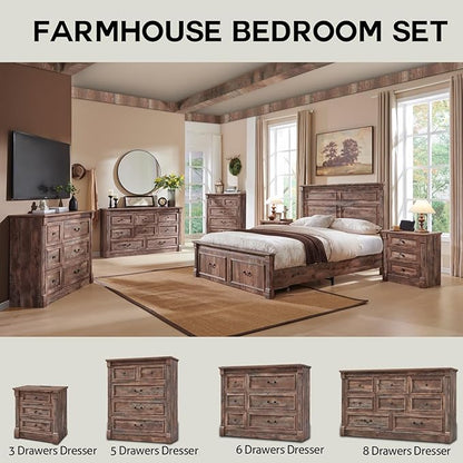 26" Tall Nightstand with Charging Station, Farmhouse 23.6" Wide Large End Table w/Roman Column, Wood Rustic Side Table w/Metal Handle, 3 Drawers Dresser for Bedroom, Living Room, Light Brown