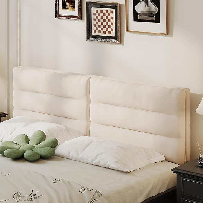 King Size Velvet Headboard Foldable Panels Backboard, Upholstered California King Head Board for Bedroom Adjustable Height from 42" to 56"-Ivory