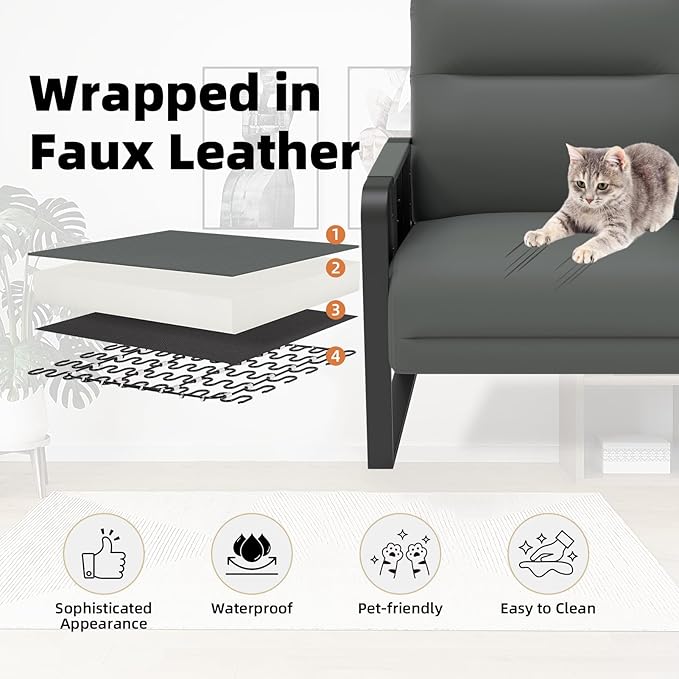 Faux Leather Accent Chair, Upholstered Armchair with Side Tray & Pocket, Comfy Reading Chair for Living Room, Bedroom, Guest Room, Gray