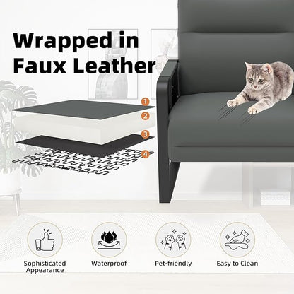 Faux Leather Accent Chair, Upholstered Armchair with Side Tray & Pocket, Comfy Reading Chair for Living Room, Bedroom, Guest Room, Gray