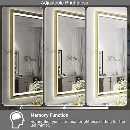 LED Bathroom Mirror, 40x30 Inch Frontlit & Backlit Gold Framed Lighted Mirror,Wall Mouted Vanity Mirror with Lights,Double Lights Strips,Anti Fog Stepless 3 Colors Temperature & Dimmable