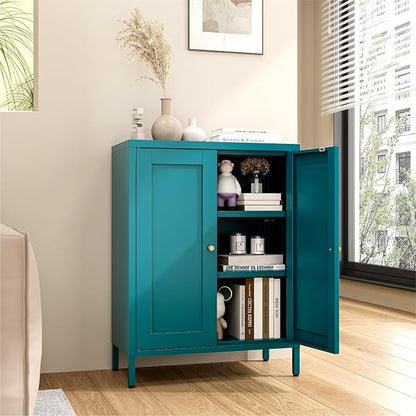 Metal Bathroom Cabinet, Small Floor Storage Cabinet, Freestanding Sideboard with 2 Adjustable Shelves for Living Room, Dinging Room (Blue, 31.5" H-2 Doors)