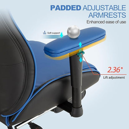 Ergonomic Home Office Chair with Footrest,Modern Faux Leather Reclining Chair,High Back Video Game Executive Computer Chairs with Adjustable Armrest & Lumbar Support,360°Swivel (Blue)