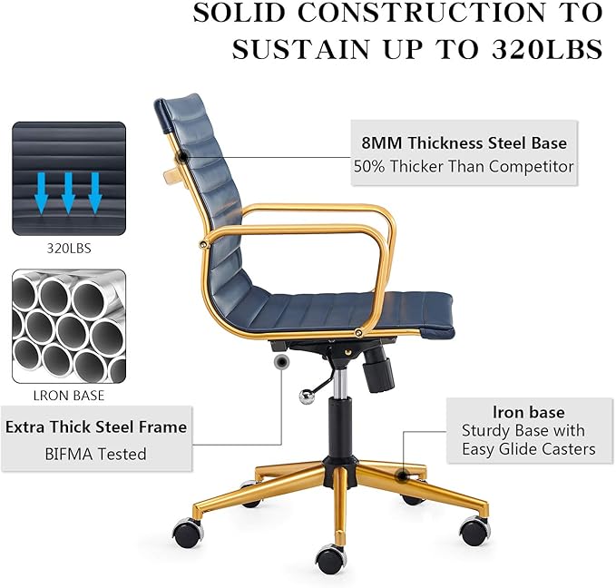 Office Chair Ergonomic Swivel Desk Chair with Armrests and Wheels Comfortable Heavy-Duty Chair for Home Office Wide 22.83in Seat for Women and Men，Gold Navy