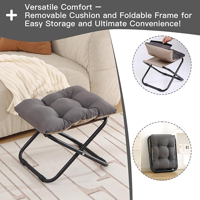 LITA Folding Footrest Stool, Portable Ottoman Foot Rest, Upholstered Small Foldable Ottoman with Detachable Thick Cotton Cushion Padded Sofa Stool for Living Room, Bedroom, Dark Grey Set