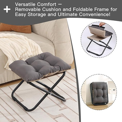 LITA Folding Footrest Stool, Portable Ottoman Foot Rest, Upholstered Small Foldable Ottoman with Detachable Thick Cotton Cushion Padded Sofa Stool for Living Room, Bedroom, Dark Grey Set