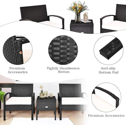 COSTWAY Rattan Patio Furniture Set 3 Pieces, Wicker Conversation Set with Tempered Glass Coffee Table, Seat Cushions, Outdoor Chair Wicker Sofa for Backyard Balcony Porch Poolside, White