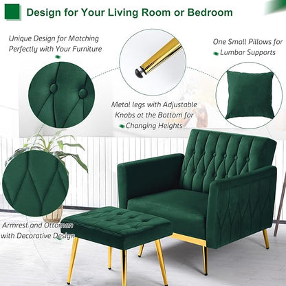 Velvet Accent Chair with Adjustable Armrests and Backrest, Button Tufted Lounge Chair, Single Recliner Armchair with Ottoman and Pillow for Living Room, Bedroom, Green