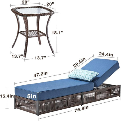Luxury Outdoor Chaise Lounge Chairs of 4 with 5 Inch Thick Cushions and Side Table - 6 PCS High Back Brown Wicker Patio Recliners Lounger Furniture Set for Poolside Sunbathing - Navy Blue