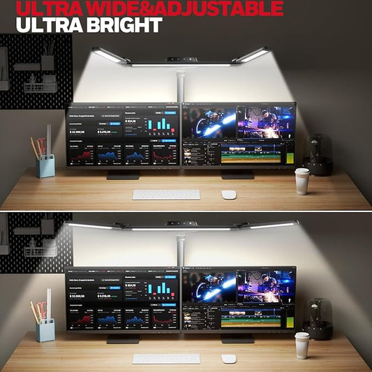 Honeywell HJ3 Wide LED Desk Lamp with Clamp, 22W Full-Spectrum Eye-Caring Light Bar, 4 Modes, Stepless Dimming, Adjustable Arm for Home Office, Large Desks & Dual Monitors